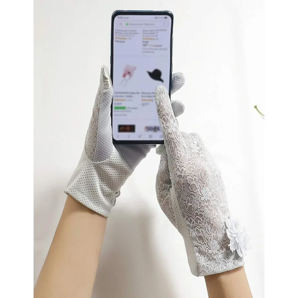 Women's Flower Gray Floral Embroider Lace Gloves Summer Sun Protection